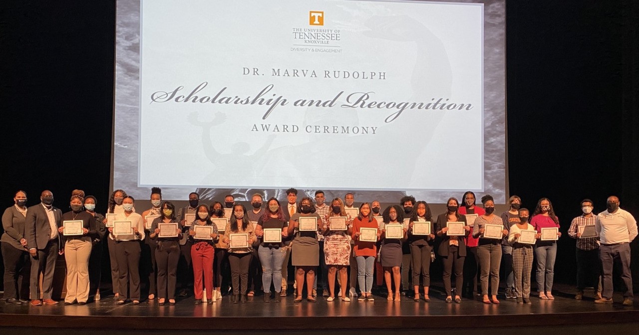2021 Marva Rudolph Scholarship Recipients on stage together. 